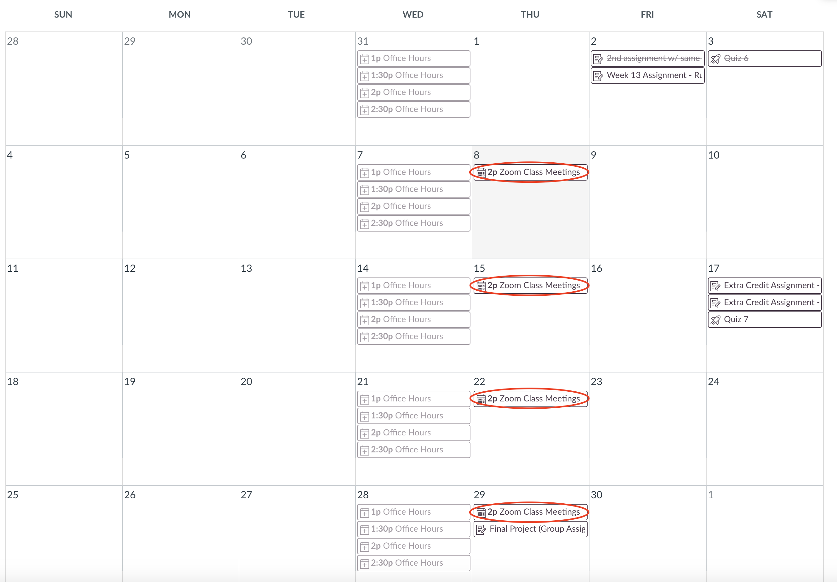 Screenshot of Canvas Calendar showing that Zoom class meetings appear there, as explained on page.