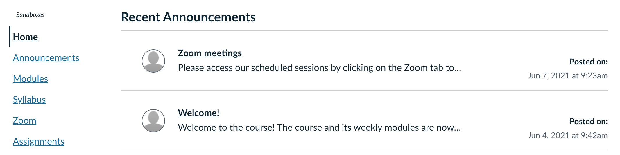 Screenshot of recent announcements section at top of course homepage