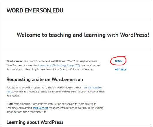 Word.emerson landing page with LOGIN link circled