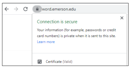 Secure connection confirmation for Word.emerson after clicking the lock in Chrome's URL bar