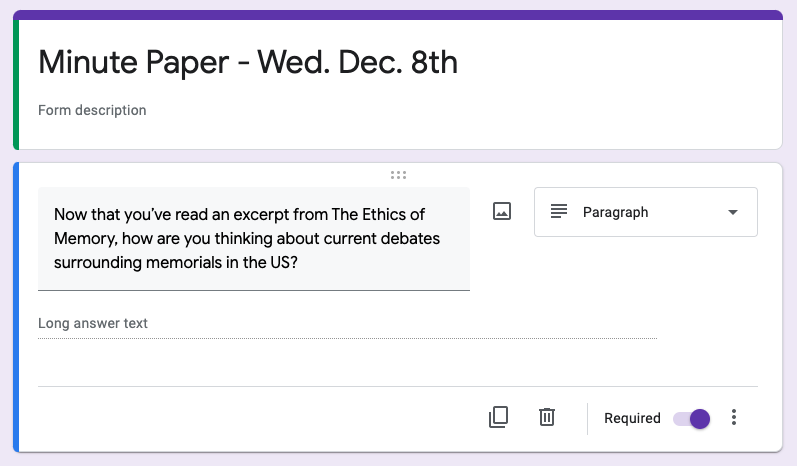 Google Form titled Minute Paper - Wed. Dec. 8th with one paragraph style question