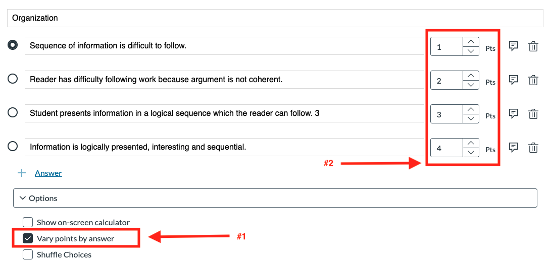 multiple choice question in New Quizzes with Vary points by answer checked.