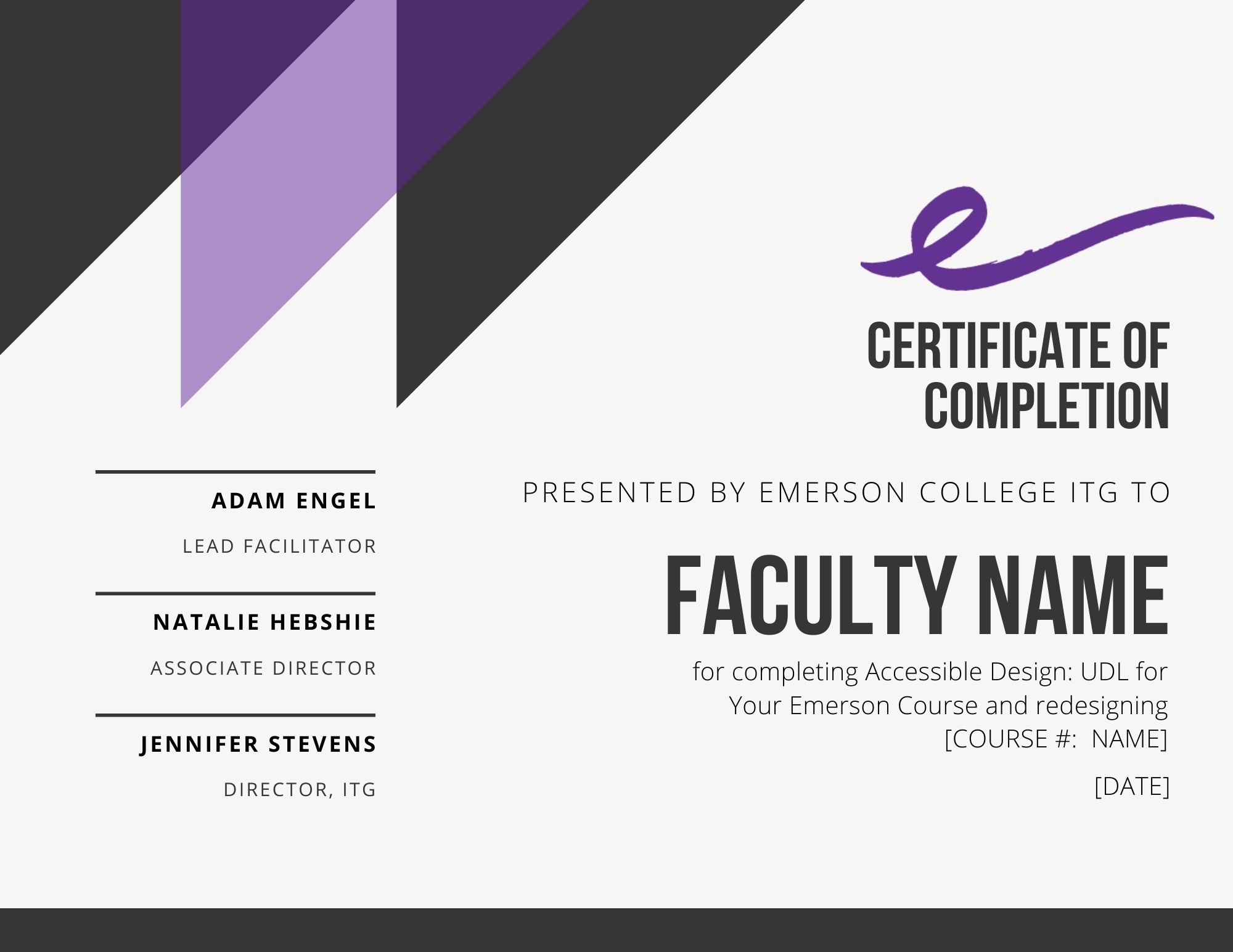 Sample Accessible Design certificate of completion: fancy-looking document with purple triangles and the emerson swooshy E