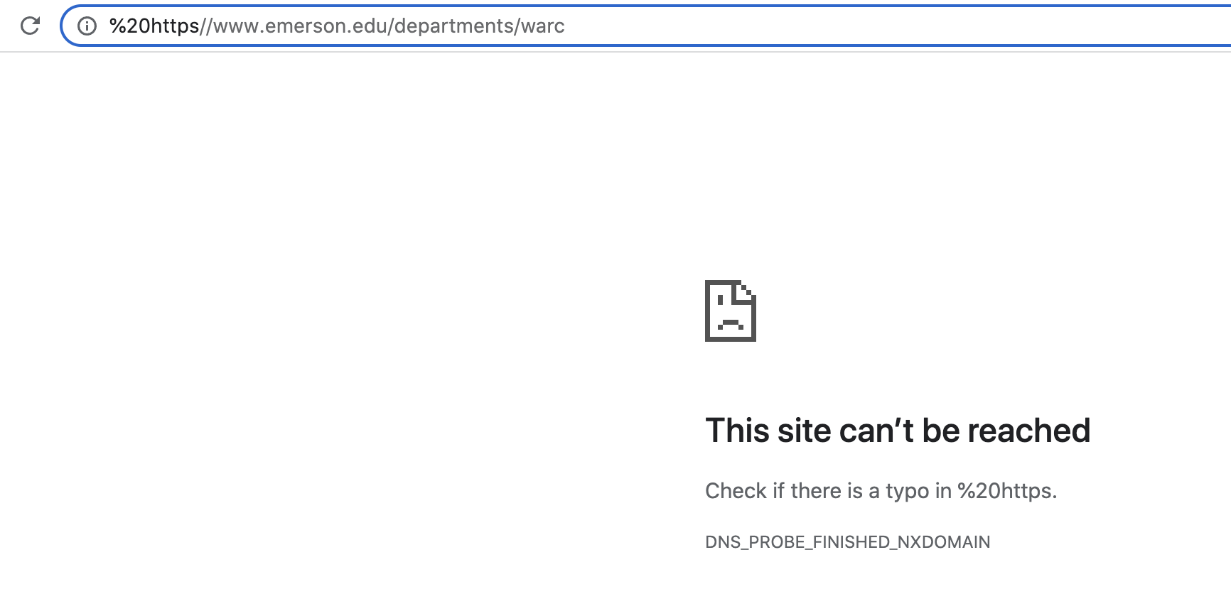 Browser error message saying "This site can't be reached" due to a typo in the URL.