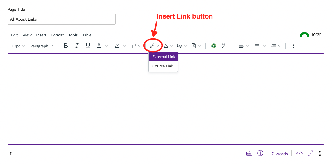 The Rich Text Editor in Canvas has a toolbar at the top with an icon for links.