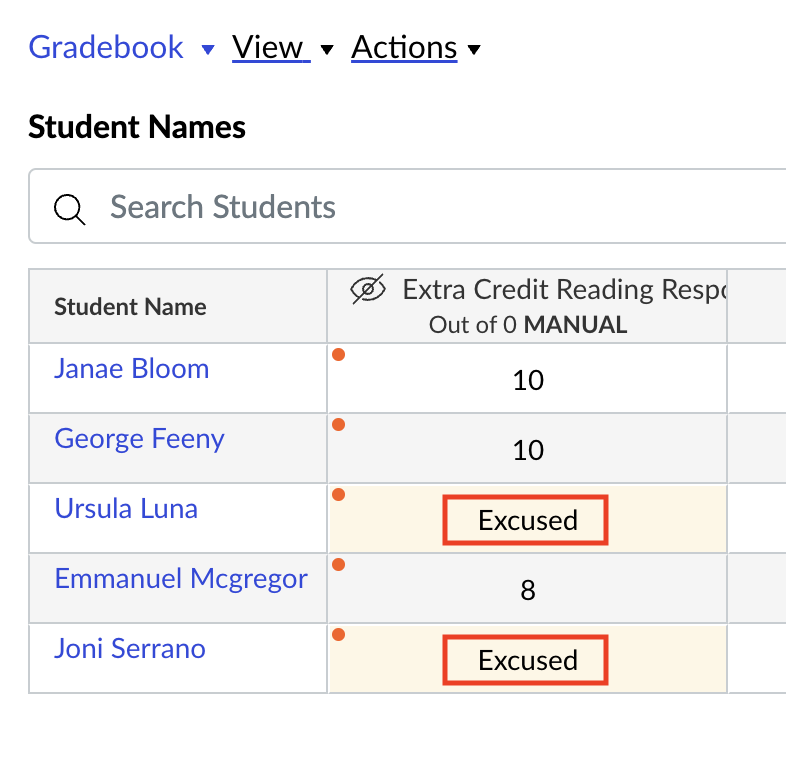 Screenshot of the gradebook showing "Excused" for students who did not complete the extra credit