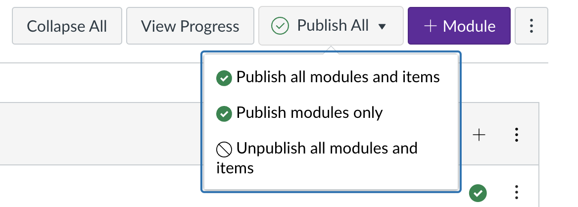 Screenshot of bulk publish modules menu