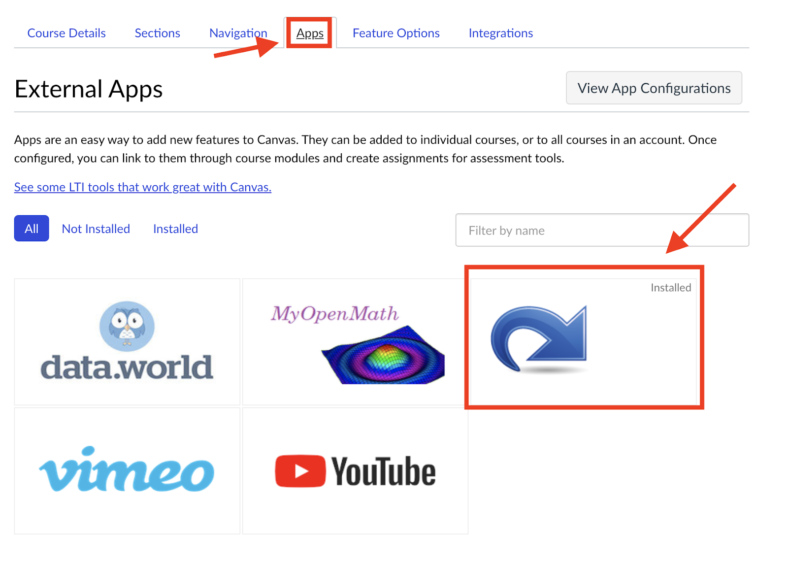 Screenshot of the Apps tab showing the Redirect Tool