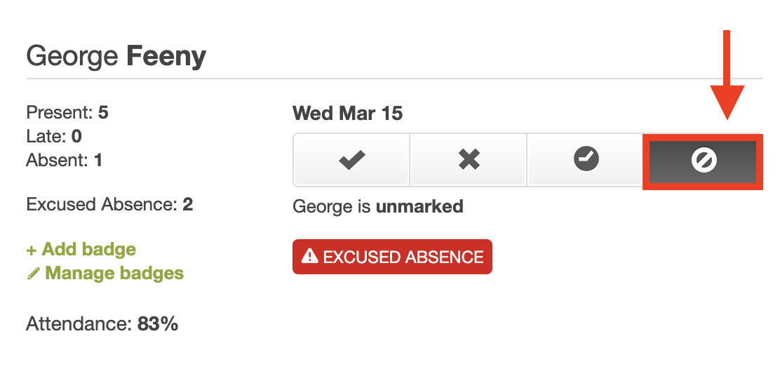 Screenshot of the attendance tool showing how to mark an excused absence