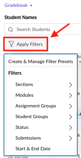 Screenshot of filter options in gradebook