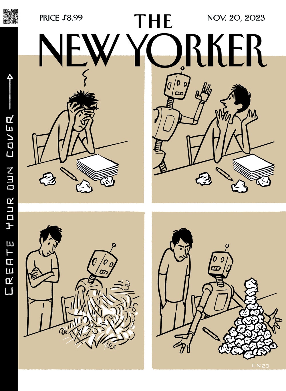 New Yorker cover cartoon. 1st panel: a writer sits frustrated with his head in his hands, blank paper in front of him, and crumpled rejected drafts next to him. 2nd panel: a friendly robot comes to greet him. 3rd panel: the friendly robot gets to work quickly on the sheet of blank paper as the writer looks on. 4th panel: friendly robot shows off his completed work, which is a towering pile of rejected drafts.