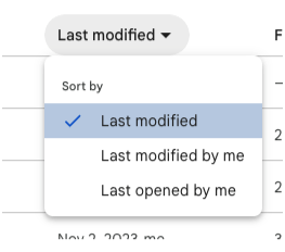 Google Docs has several options for file sorting. This drop-down menu includes "Last modified," "Last modified by me," and "Last opened by me."