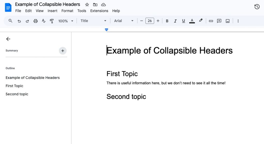 A Google Document showing outline view on the left side of the screen, which shows all content formatted as headers in the document in a list or table of contents format.