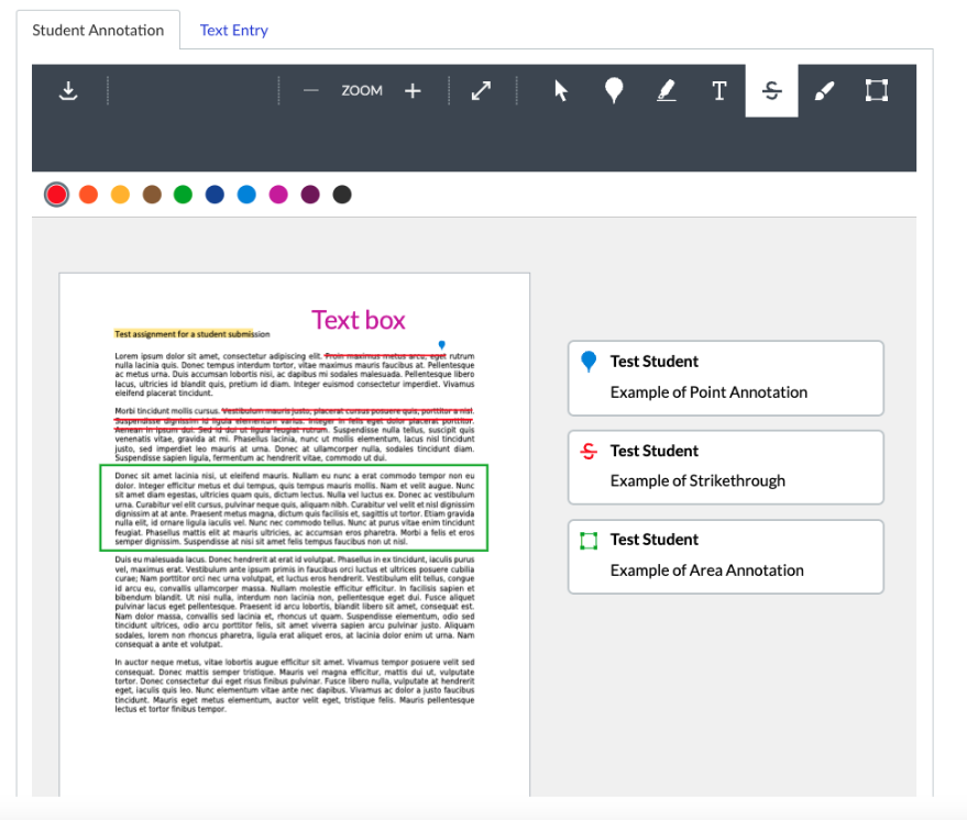 Student annotation assignments allow for text boxes on the document assignment, highlighting, strikethrough, point annotation, area annotation, and more.