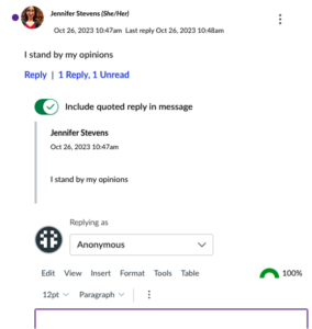 A screenshot of another user's Canvas post being quoted above an empty text input box where a reply will be written. There is a toggle button above it that controls the ability to "include quoted reply in message."