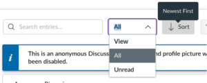 A screenshot of the search and sort features that can be used to view the replies to a discussion. It shows the option to view all messages or unread messages, and the option to sort by newest first or by oldest first.