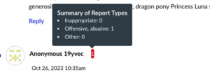 A screenshot of a discussion post that has been flagged for inappropriate content. There is a highlighted number of total reports with a pop-up menu showing that the report was for "offensive/abusive" content, as opposed to "inappropriate" or "other."