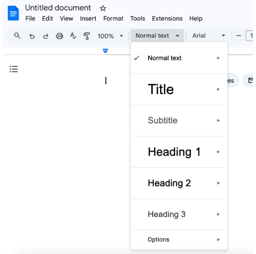 A screenshot of Google Docs demonstrating the styles menu where Heading styles can be selected and applied