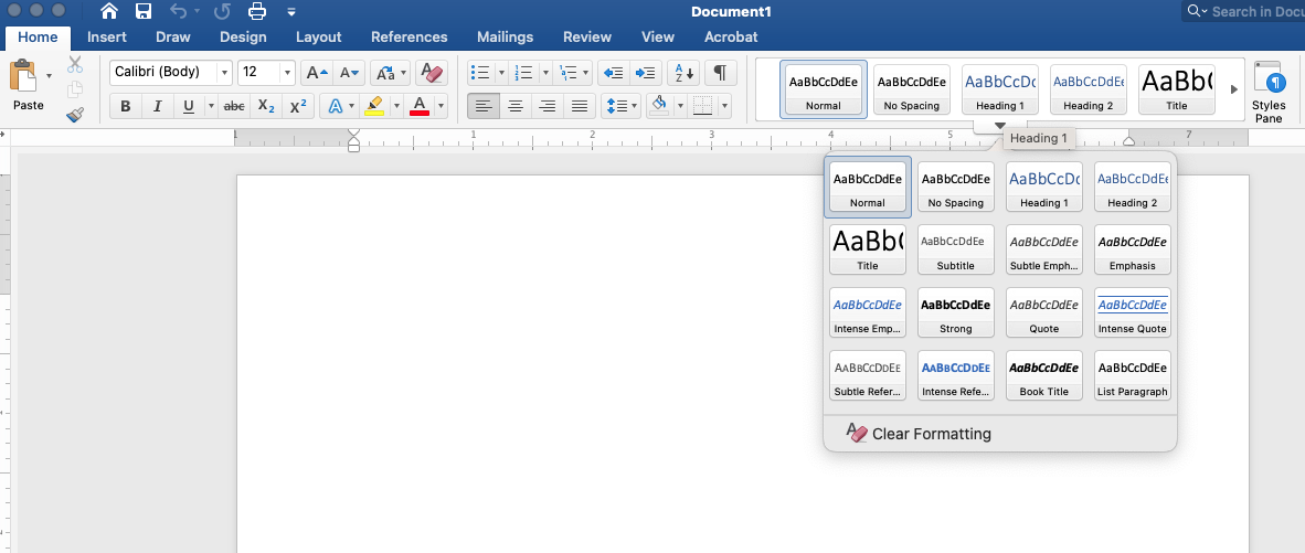 A screenshot of Microsoft Word demonstrating where styles and headings can be selected in the ribbon