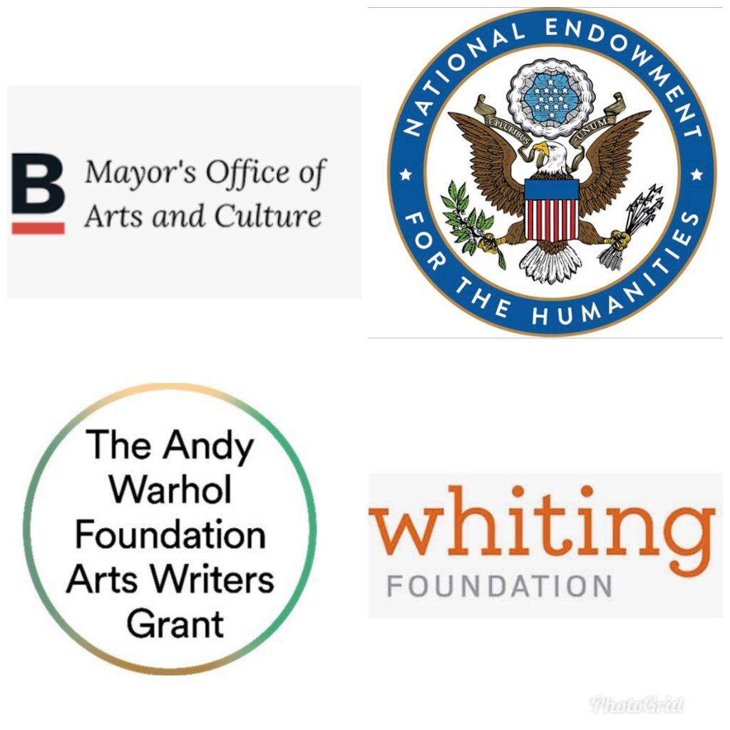 Logos for the Mayor's Office of Arts and Culture, NEH, Andy Warhol Foundation, and Whiting Foundation.