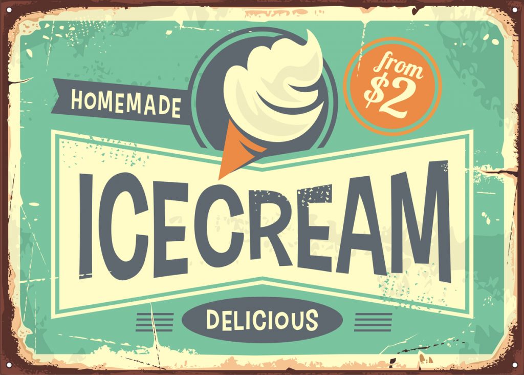 retro sign that reads homemade ice cream delicious, from $2