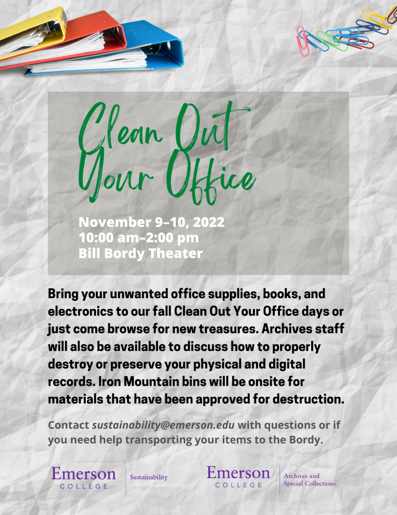 Clean Out Your Office event flyer for November 9 and 10, 2022 at the Bill Bordy Theater from 10 am to 2 pm
