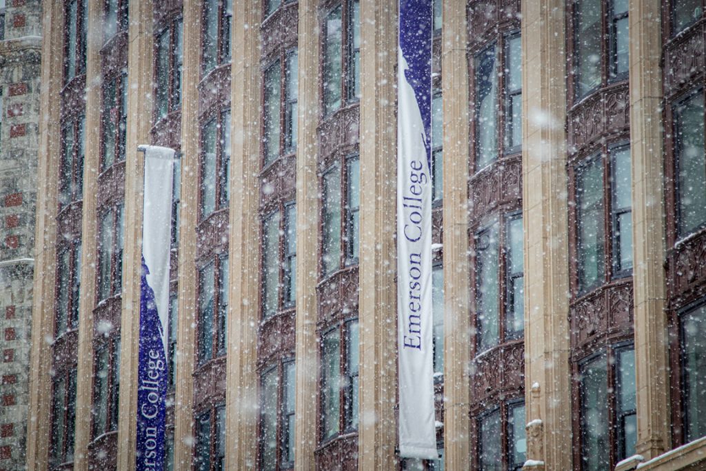 Emerson building in a snowfall