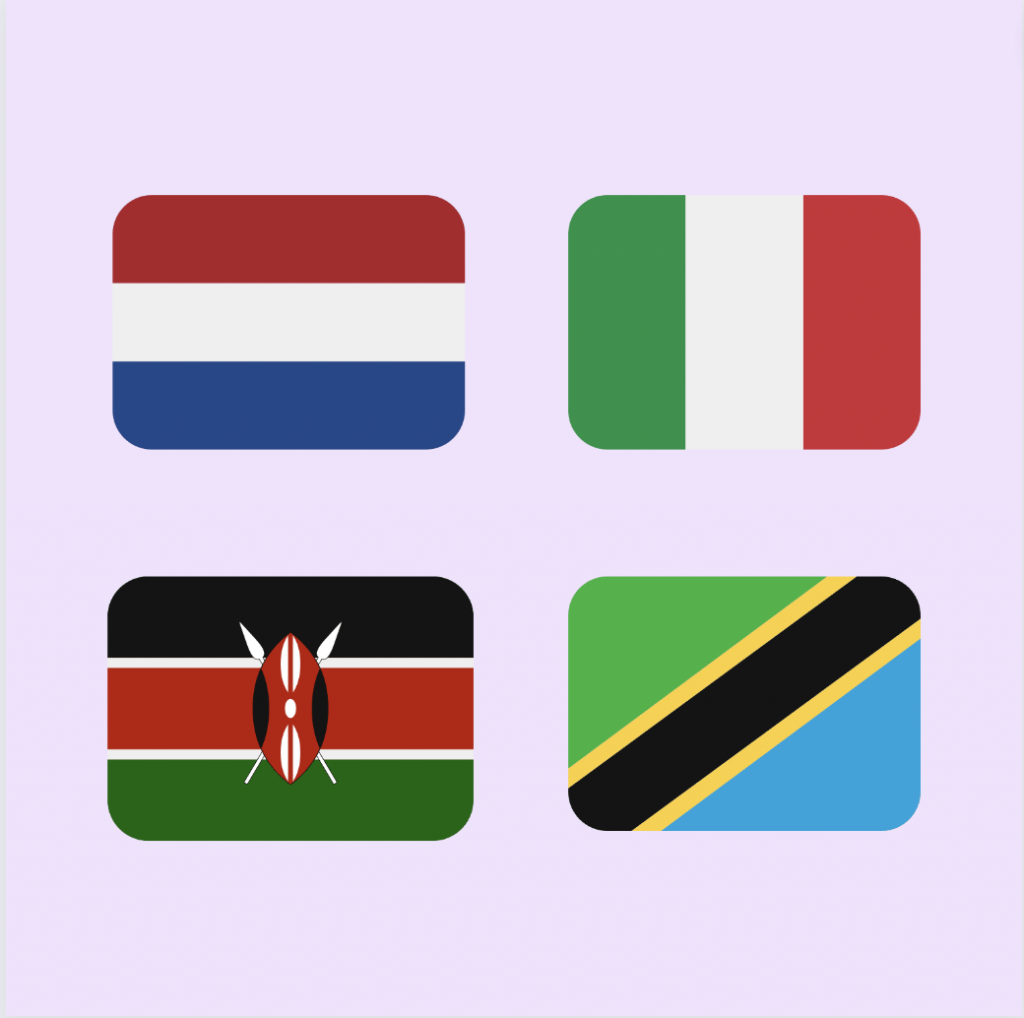 Graphic of flags: Netherlands, Italy, Tanzania, and Kenya