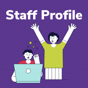 An illustration of one person standing with their arms outstretched and one person sitting at a computer. The words "Staff Profile" are above their heads.