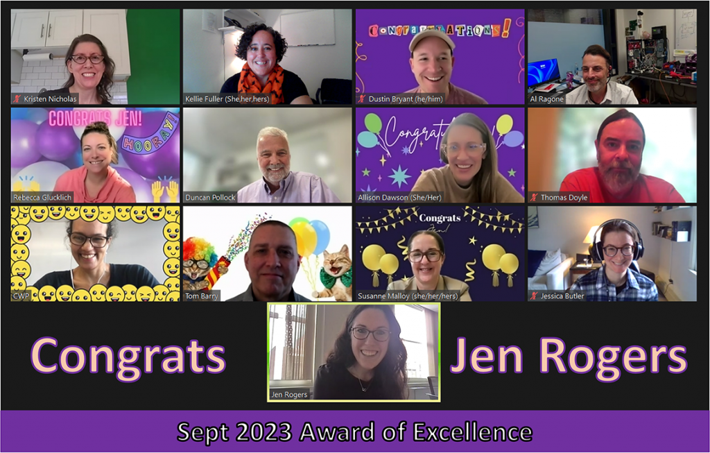 Zoom screen of folks congratulating Jen Rogers