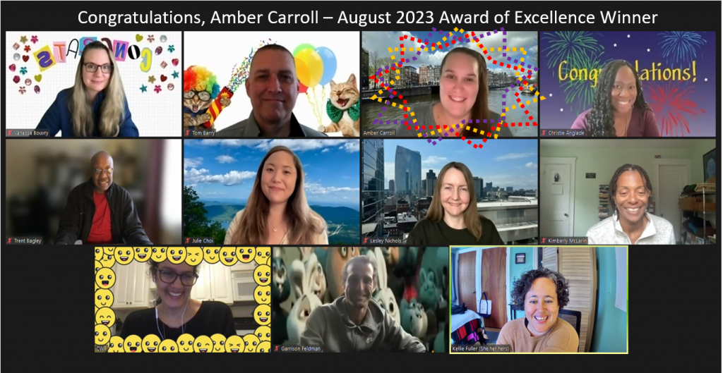Zoom screen celebrating Amber Carroll