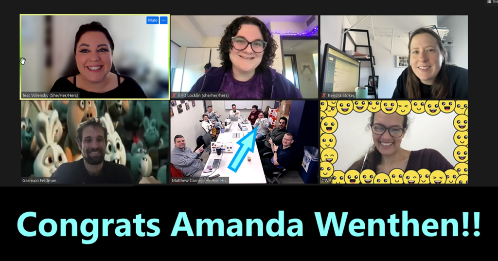 Zoom screen with people celebrating Amanda Wenthen