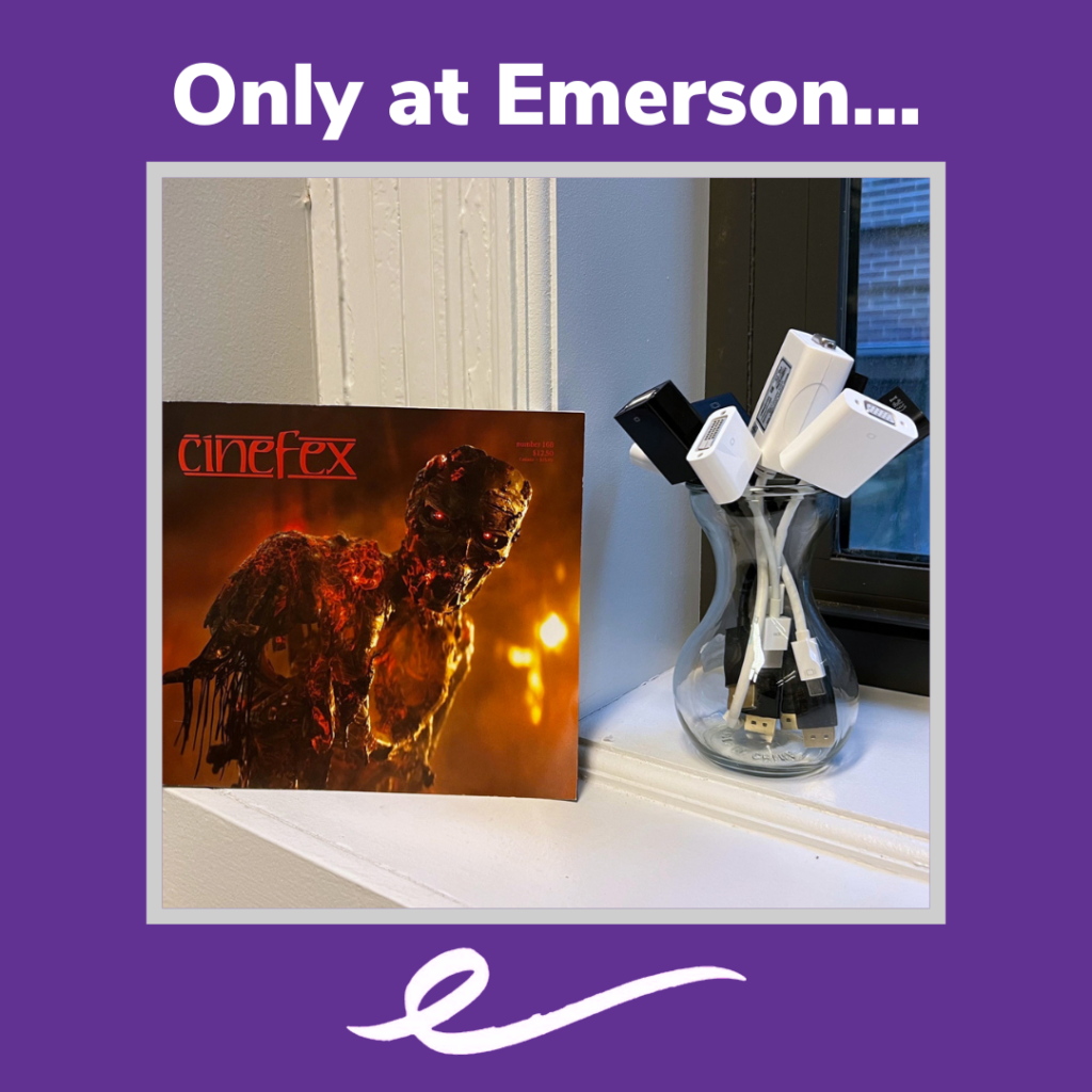 Photo of a Cineflex record next to a vase full of computer dongles. Text in a frame around the photo says "Only at Emerson..."