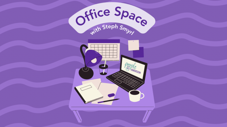 An illustration of a desk with office items on it with the words "Office Space with Steph Smyrl"