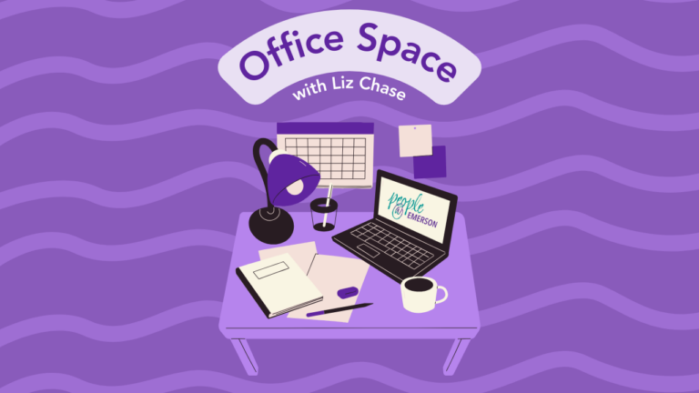 Graphic with a desk and the words "Office Space with Liz Chase"