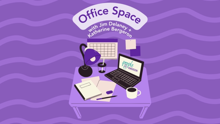 Graphic with an office desk and the words "Office Space: Jim Delaney and Katherine Bergeron"