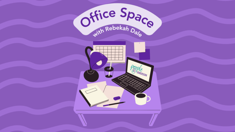 Graphic of an office desk with the words "Office Space with Rebekah Dale"