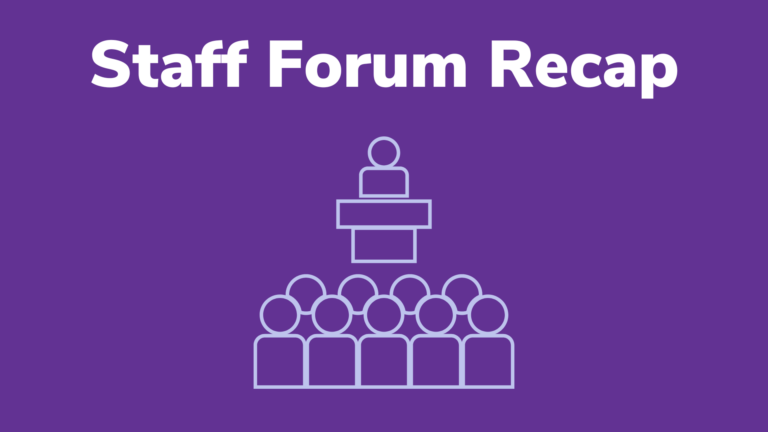 Graphic of an audience with the heading "Staff Forum Recap"