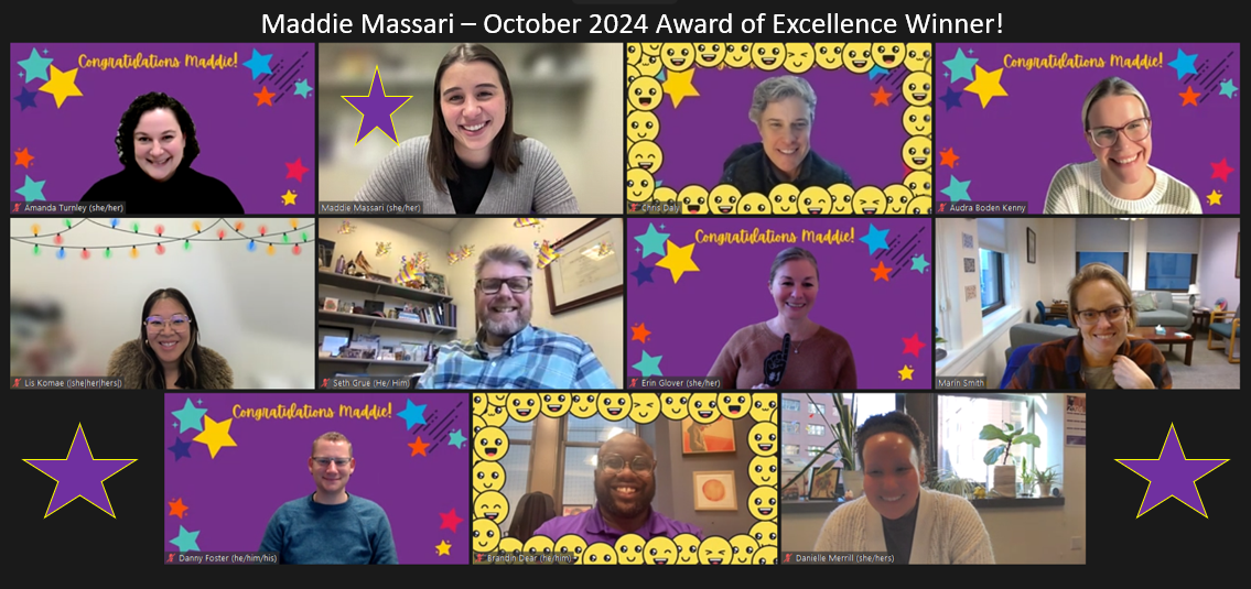 Zoom screen with title "Maddie Massari-October 2024 Award of Excellence Winner!"