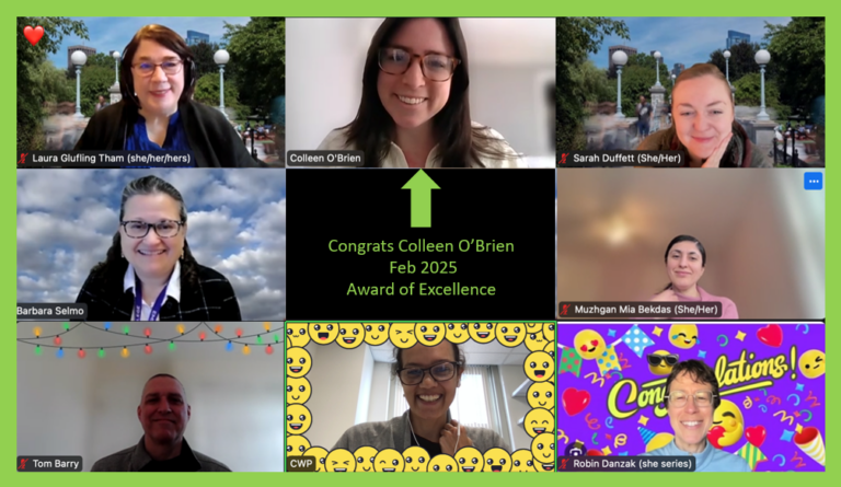 Zoom screen with eight people celebrating Colleen O'Brien