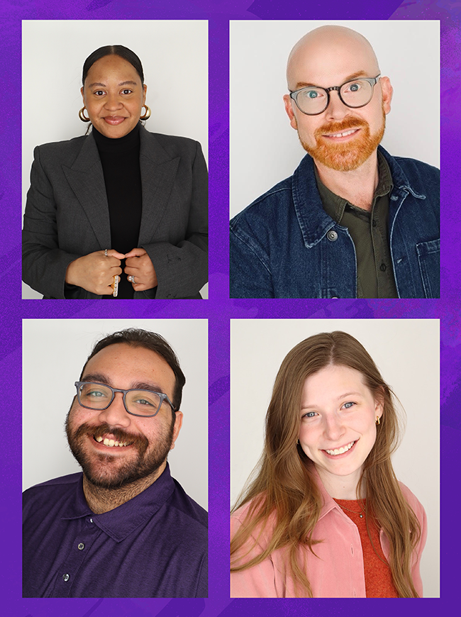 a grid of four headshots against a purple background